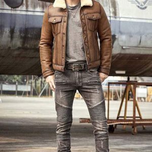 OXVOLT Men’s Brown B3 Shearling Flight Aviator Coat Jacket