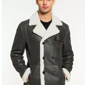 OXVOLT Men’s Black Leather White Shearling Long Coat