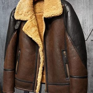 OXVOLT Men’s Aviator Dark Brown Leather Shearling Jacket