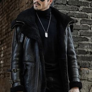 Men’s Camel Brown Leather Shearling Hooded Long Coat