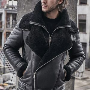 Men’s Black Leather Shearling Double Collar Jacket