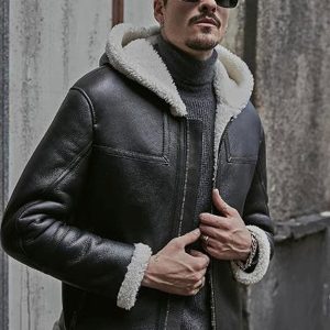 OXVOLT Men’s Black Leather White Shearling Hooded Jacket