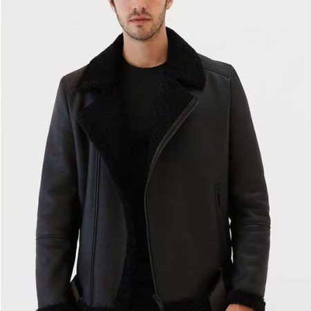OXVOLT Men’s Black Leather Shearling Collar Jacket