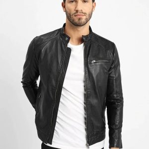 Men's Black Leather Crew Neck Jacket