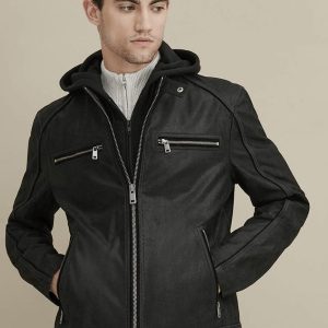 Men’s Black Leather Jacket Removable Hood