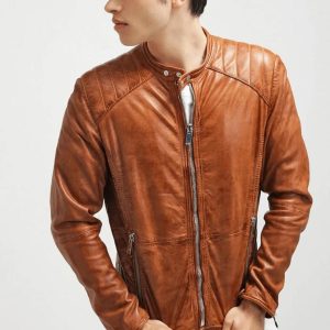 OXVOLT Men’s Camel Brown Leather Biker Jacket