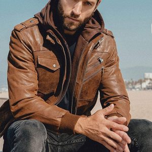 Men’s Tan Brown Leather Removable Hood Bomber Jacket