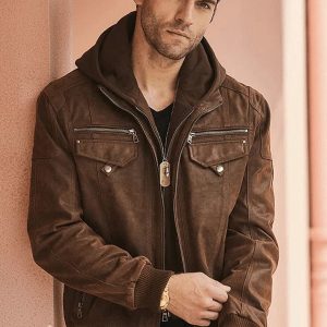 Men's Crunch Brown Leather Bomber Jacket Removable Hood