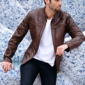OXVOLT Men’s Maroon Leather Biker Jacket Crew Neck