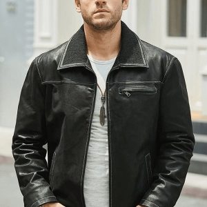 Men's Black Leather Collared Trucker Jacket
