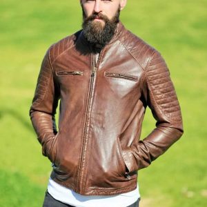 OXVOLT Men's Chocolate Brown Leather Biker Jacket