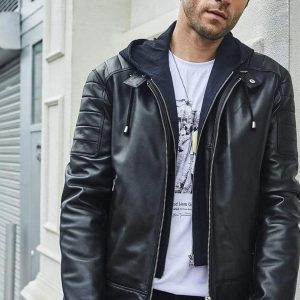 Men's Black Leather Removable Hood Biker Jacket