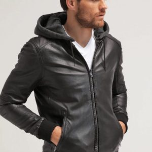 Men's Black Leather Hooded Bomber Jacket