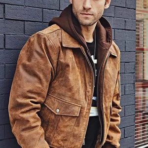 Men’s Tan Brown Distressed Leather Removable Hood Bomber Jacket
