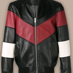 Men's Black Leather Red White Stripe Bomber Jacket