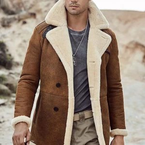 Men’s Camel Brown Leather Shearling Long Coat