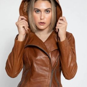 Women's Tan Brown Leather Hooded Biker Jacket
