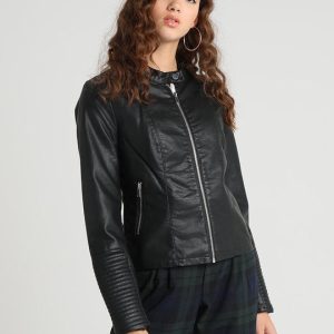 Women’s Black Leather Biker Jacket Ban Collar