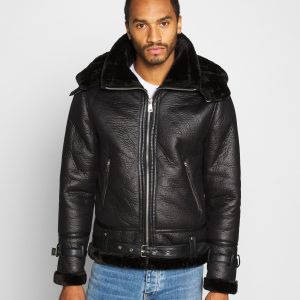 OXVOLT Men’s Aviator Removable Hood Black Leather Shearling Jacket