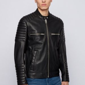 OXVOLT Men’s Black Leather Crew Neck Biker Jacket