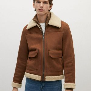 OXVOLT Men's Aviator Tan Brown Leather Shearling Jacket