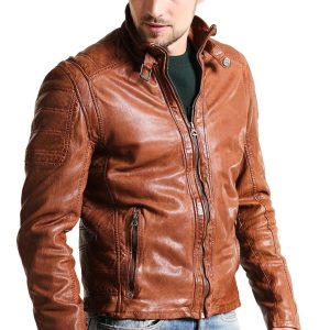 Men's Camel Brown Leather Biker jacket