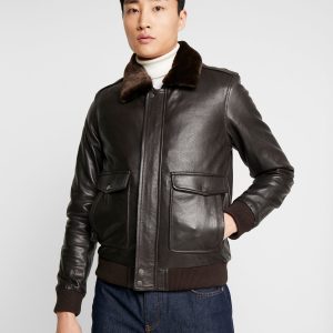Men's Dark Brown Leather Fur Collar Bomber Jacket