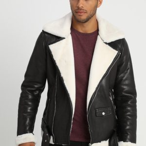 OXVOLT Men's Black Leather White Shearling Biker Jacket