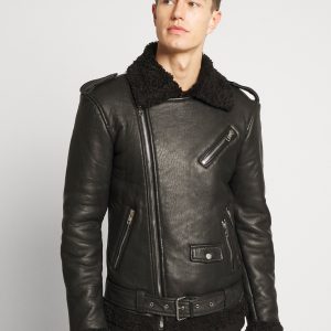 OXVOLT Men's Black Leather Black Shearling Biker Jacket