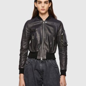 Women's Black Leather Bomber Jacket With Arm Pocket