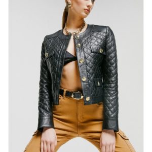 Women’s Black Leather Jacket Golden Buttons