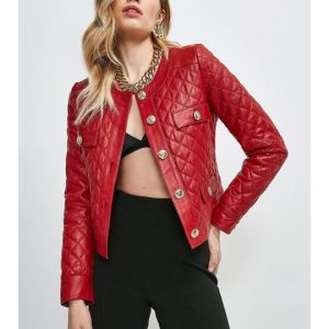WOMEN’S Wine Red LEATHER JACKET GOLDEN BUTTONS