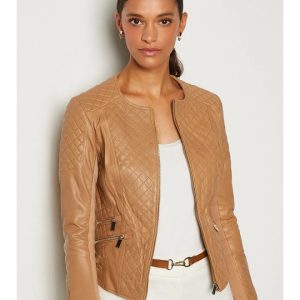 WOMEN’S TAN BEIGE LEATHER BIKER JACKET