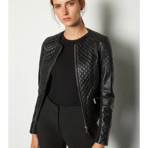 Women's Black Leather Biker Jacket Crew Neck