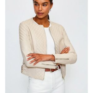 WOMEN’S BEIGE CREAM LEATHER BIKER JACKET