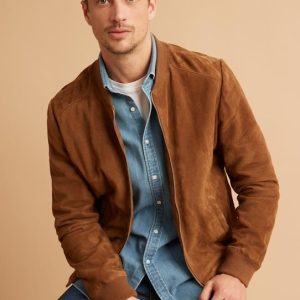 Men’s Tan Brown Suede Leather Bomber Jacket