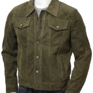 Men's Green Suede Leather Trucker Jacket