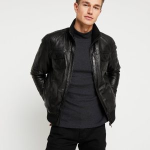 Men’s Black Leather Bomber Jacket