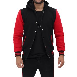 Red and Black Hooded Varsity Jacket Mens