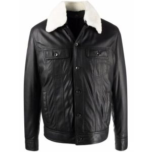 OXVOLT Men's Black Shearling-collar Jacket