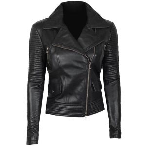 Black Biker Asymmetrical Quilted Leather Jacket Women