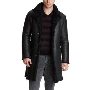 OXVOLT Mens Black Faux Shearling Sheepskin Leather Coat