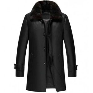 OXVOLT Mens Black Shearling Collar Sheepskin Leather Three Quarter Length Coat