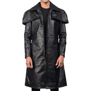 OXVOLT Mens Classic Army Black Leather Duster