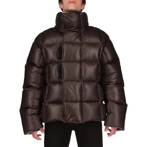 Dark Brown Puffer Jacket in Leather
