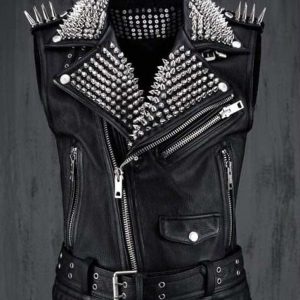 OXVOLT Men’s Black Leather Biker Punk Vest