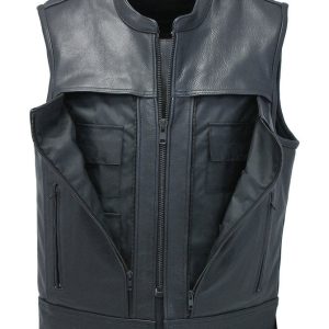 Men's Black Leather Biker Vest With Hidden Pockets