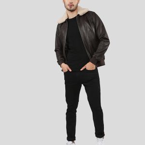 OXVOLT KNOX BROWN BOMBER LEATHER JACKET WITH REMOVABLE COLLAR