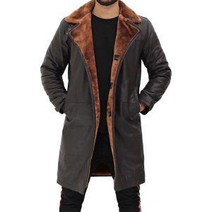 OXVOLT Mens Dark Brown Shearling Leather Trench Coat