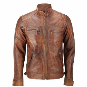 Men's Biker Quilted Vintage Distressed Motorcycle Cafe Racer Leather Jacket